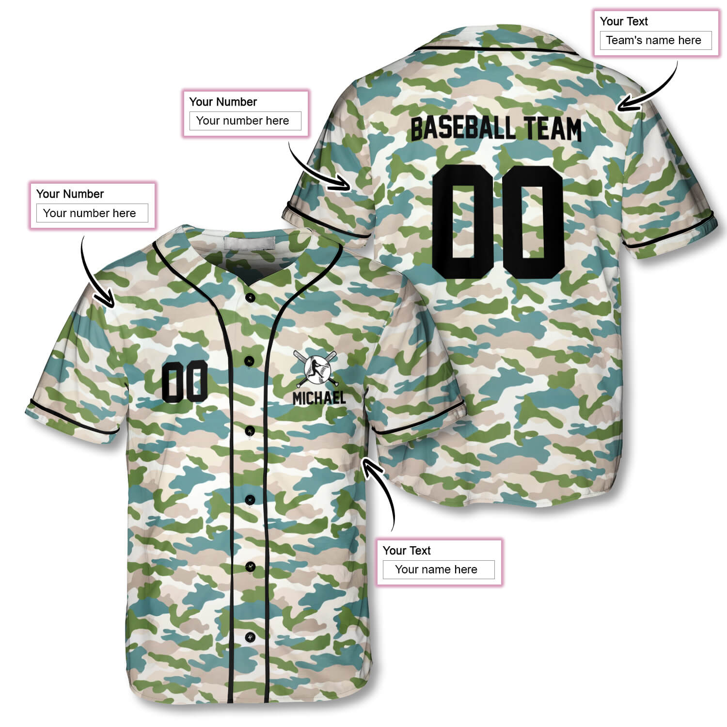 3D All Over Print Athlete Light Camo USA Custom Baseball Jersey/ Baseball Jersey Shirt for Men