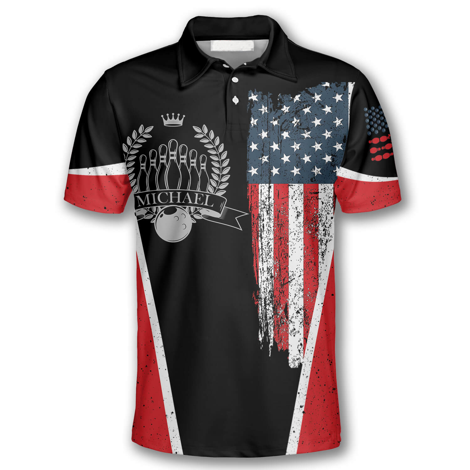 Vintage Bowling American Flag Label Custom Bowling Polo Shirts for Men