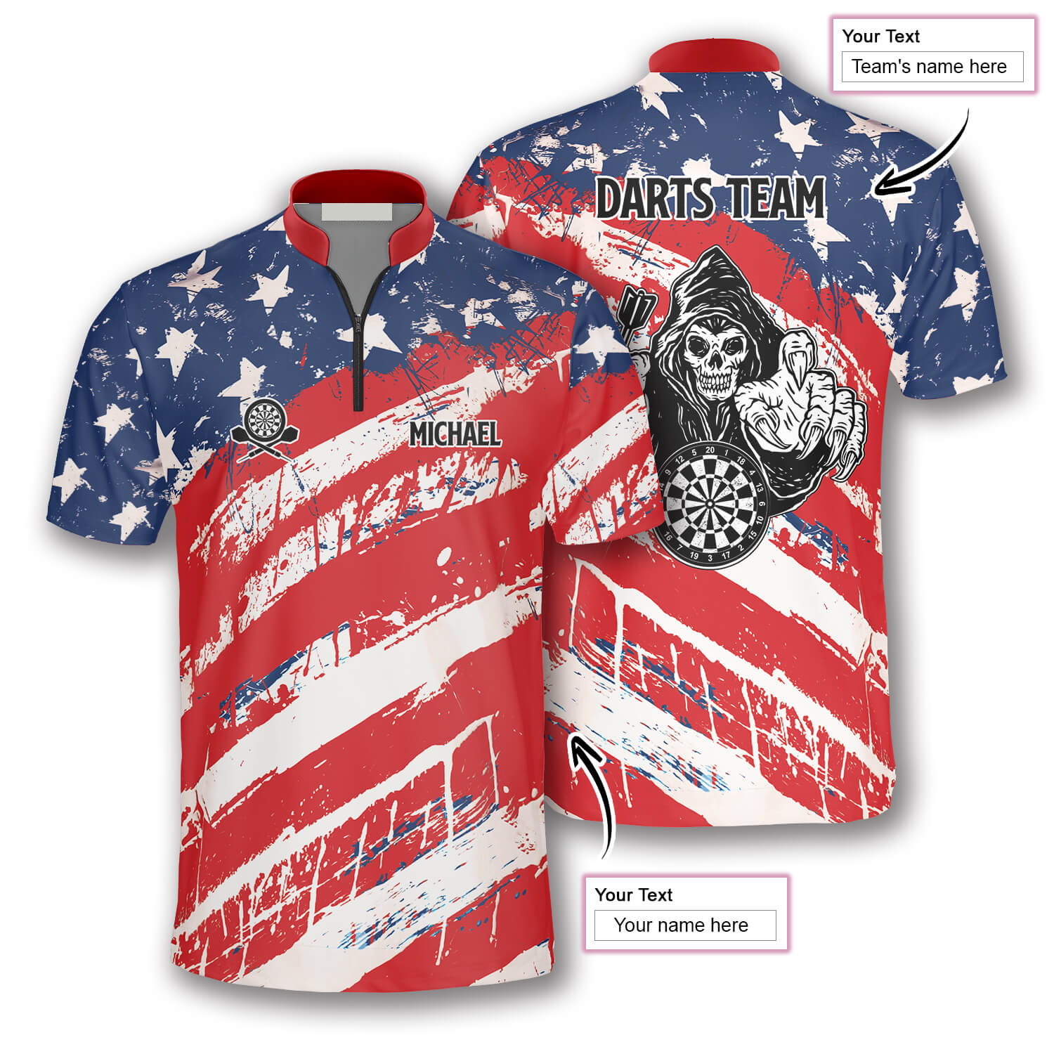 Personalized American Flag Athlete Custom Darts Jerseys for Men/ Reaper Dart Shirt