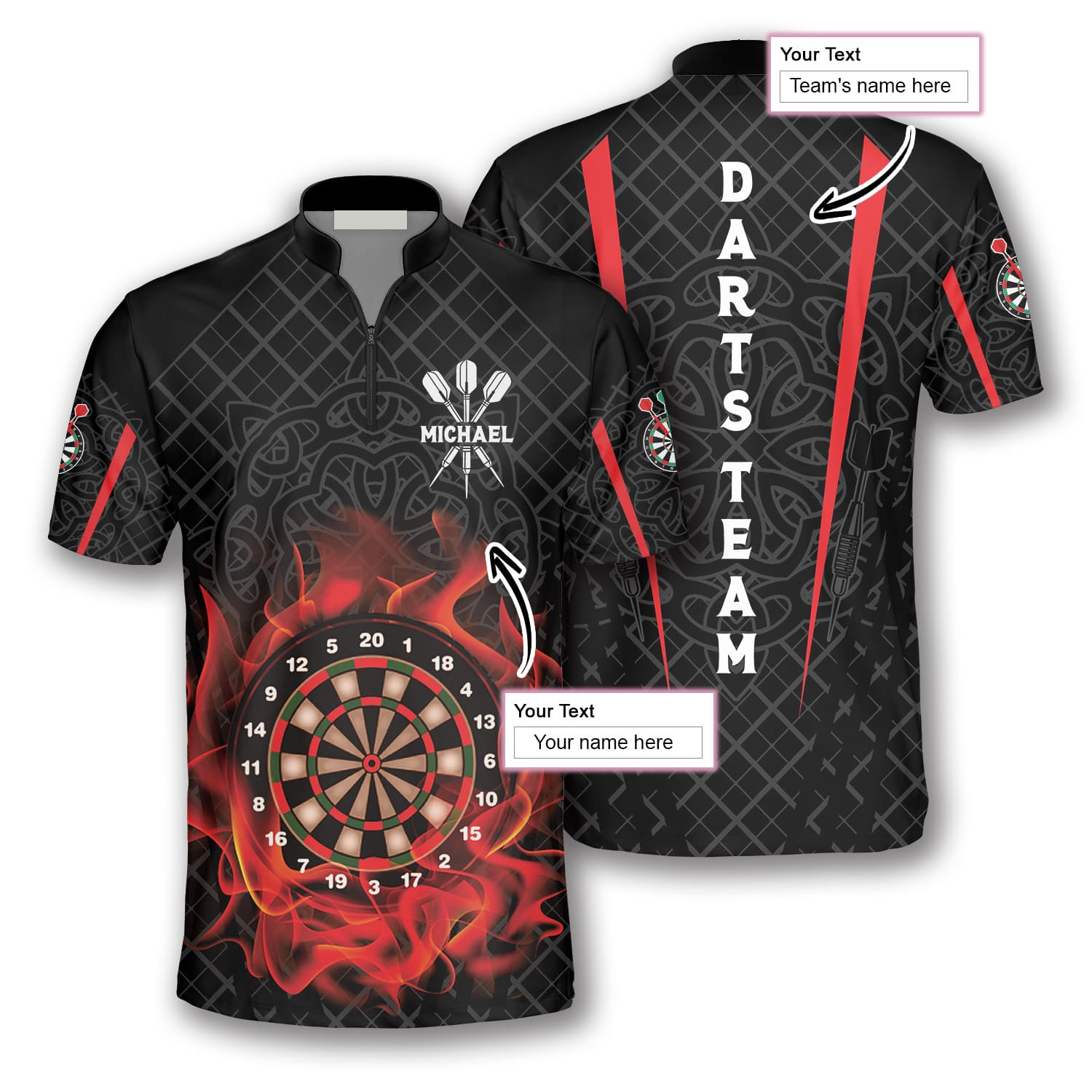 Personalized Name Team Board On Fire Celtic Pattern Custom Darts Jerseys For Men/ Shirt for Dart Players