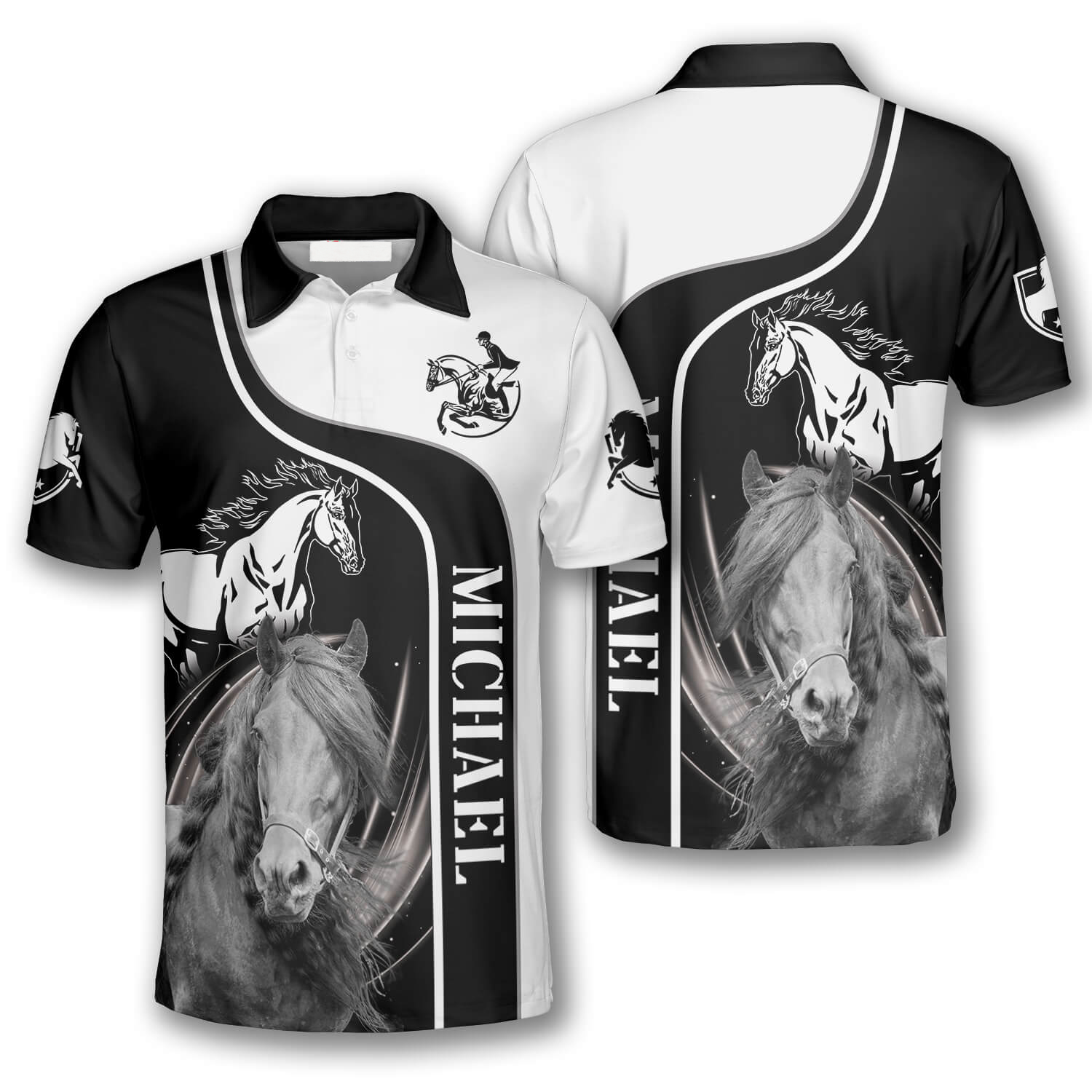 Horse Racer Black White Custom Equestrian Shirts for Men