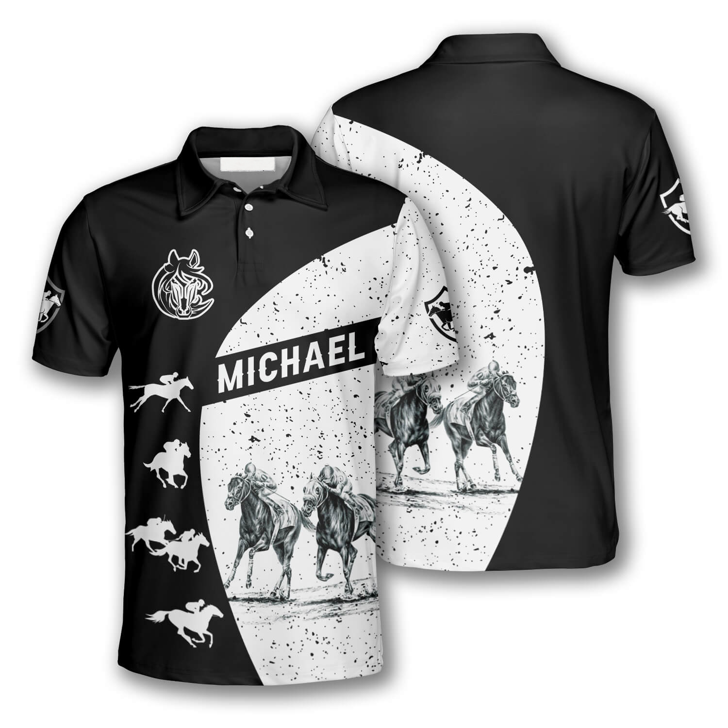 Horse Racing Silhouettes Black White Custom Equestrian Shirts for Men