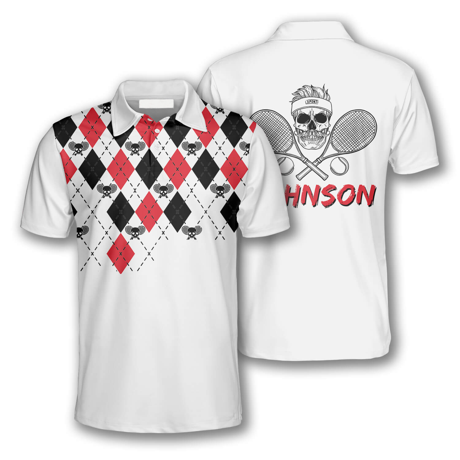 Skull Tennis Racquets Argyle Pattern Custom Tennis Shirts for Men