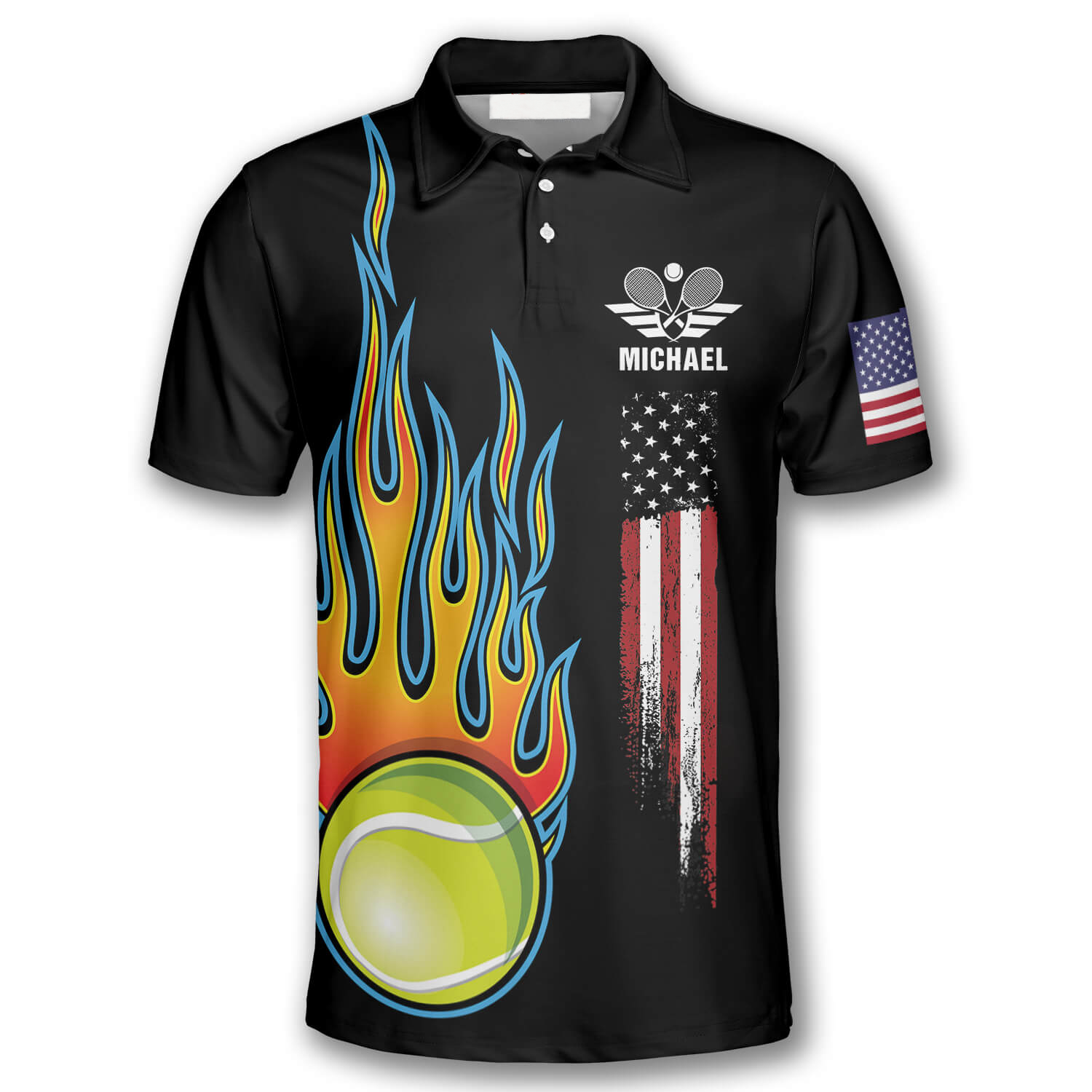 Tennis Ball Flame American Flag Custom Polo Tennis Shirts for Men