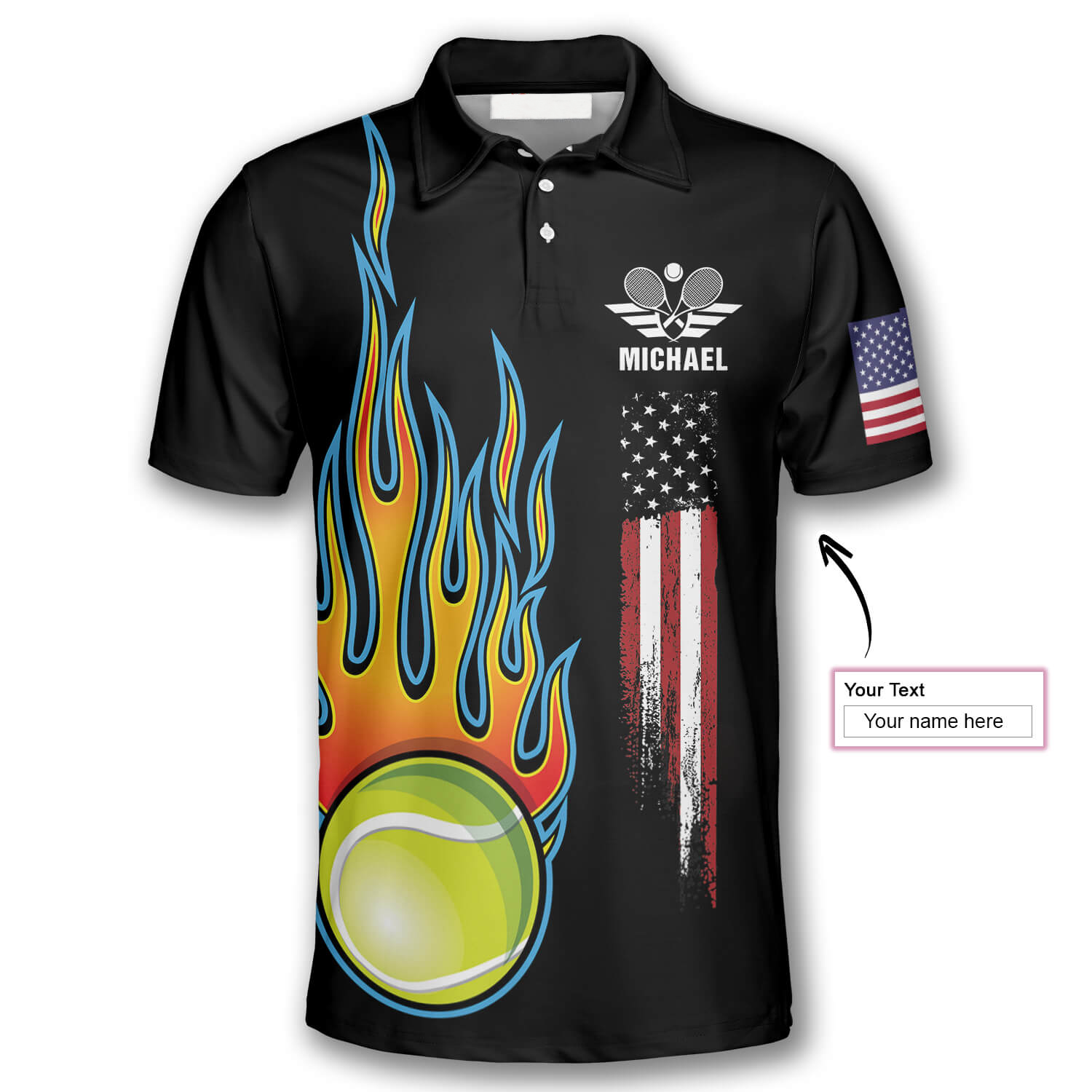 Tennis Ball Flame American Flag Custom Polo Tennis Shirts for Men