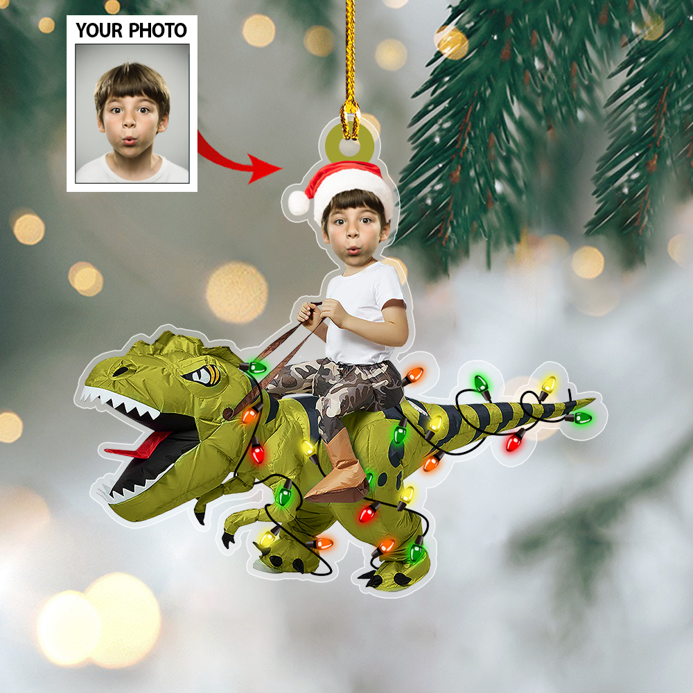 Personalized Photo Cute Kid Rides The Dinosaurus Christmas Light Ornament