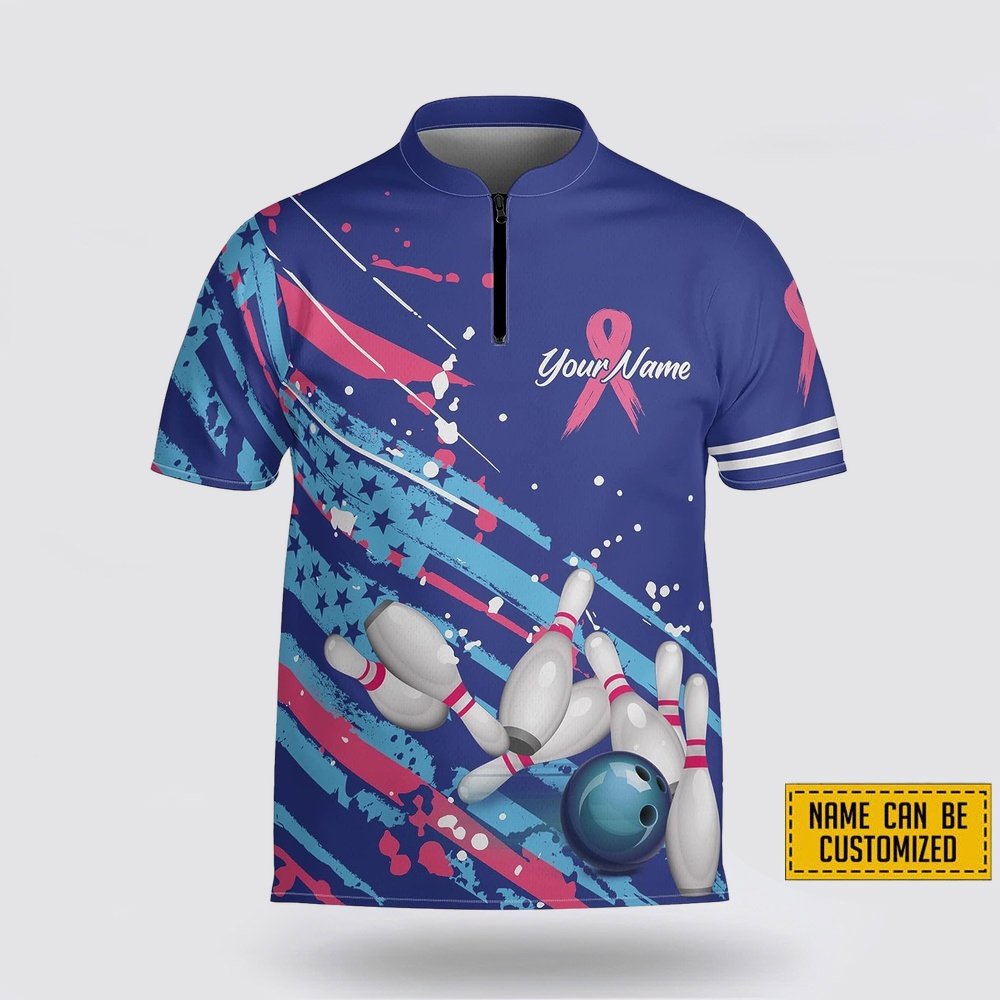 Personalized American Flag Breast Cancer Bowling Pattern Bowling Jersey Shirt – Perfect Gift for Bowling Fans