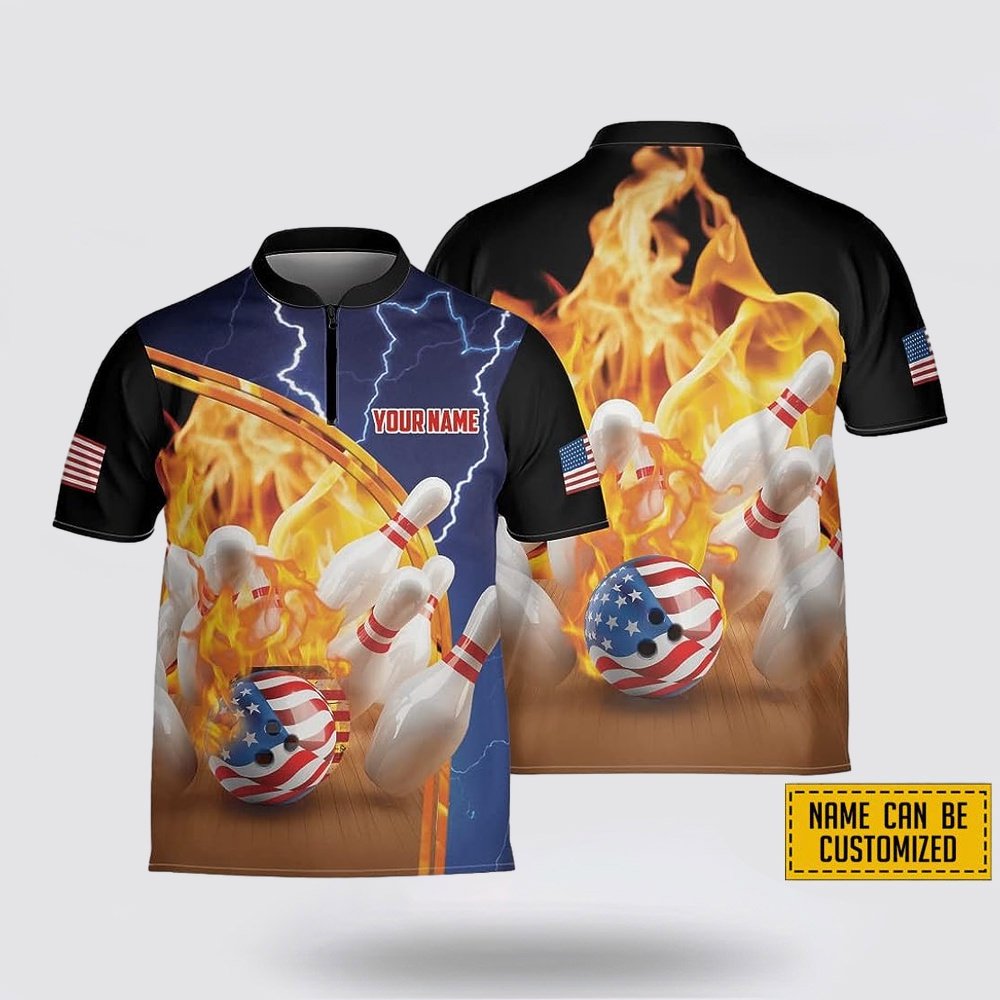 Personalized Fire American Flag Bowling Jersey Shirt – Perfect Gift for Bowling Fans