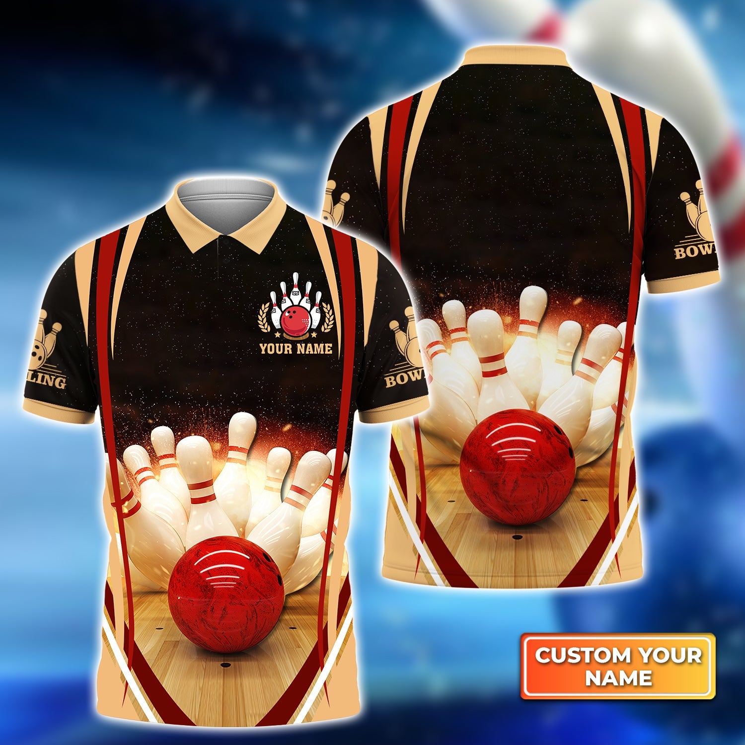 Bowling Strike Hit Fire Explosion Concept Personalized Name 3D Polo Shirt