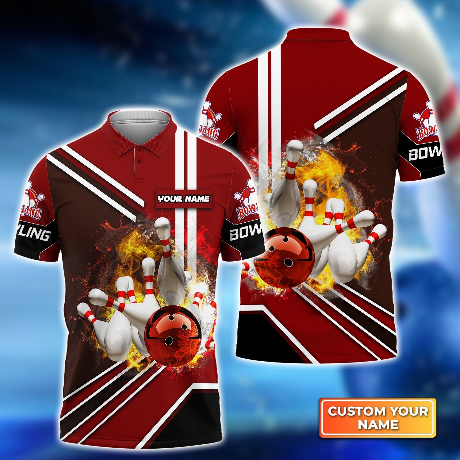 Red Bowling Ball On Fire Crashing Pins Personalized Name 3D Polo Shirt