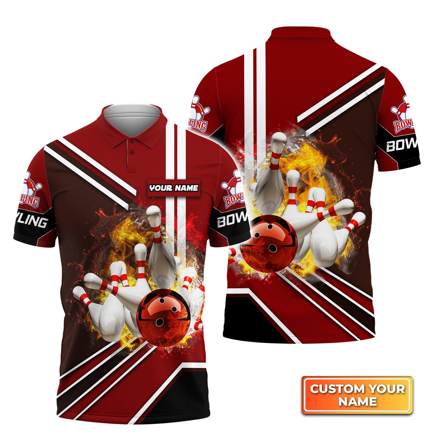 Red Bowling Ball On Fire Crashing Pins Personalized Name 3D Polo Shirt