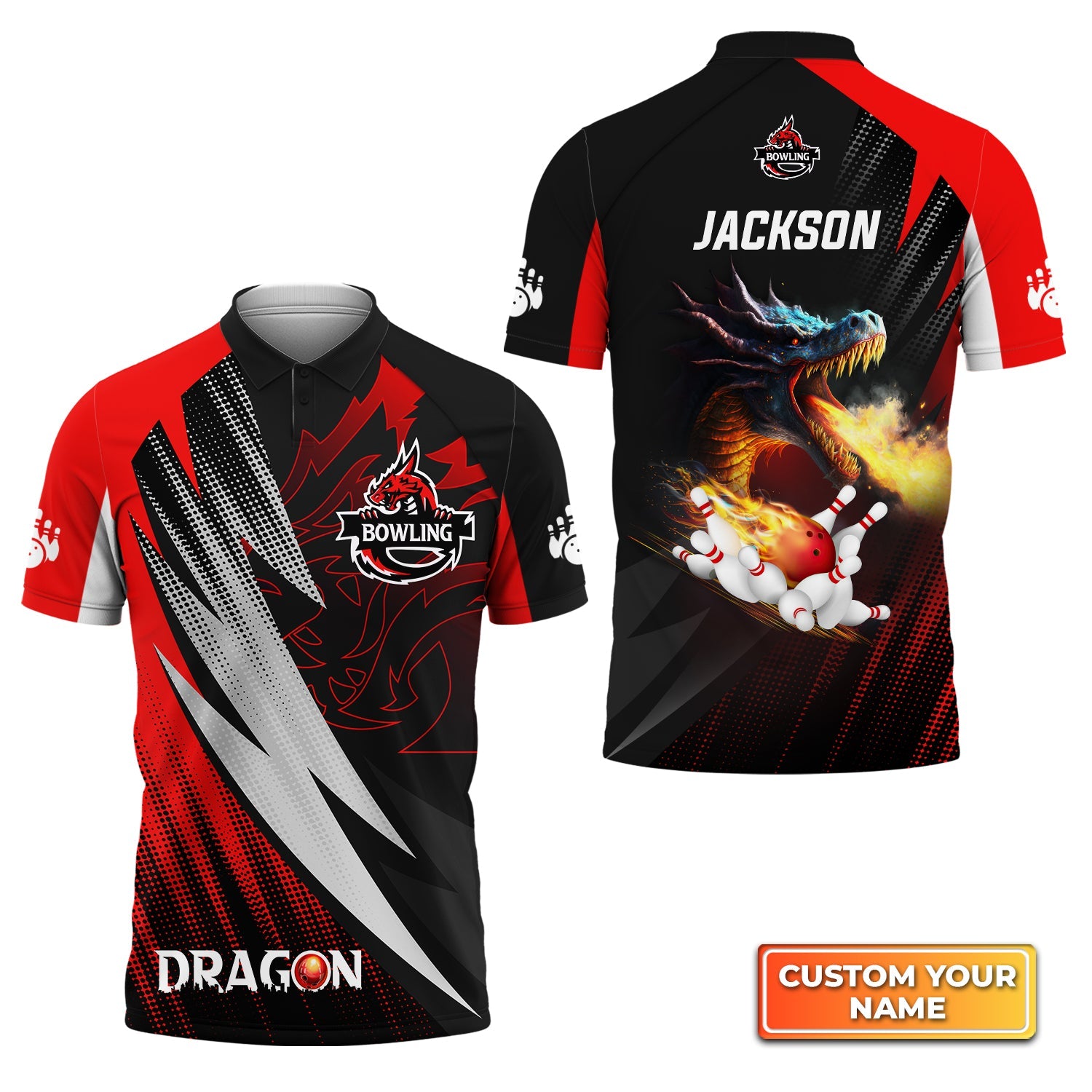 Dragon Team Red Bowling Ball On Fire Personalized Name 3D Polo Shirt