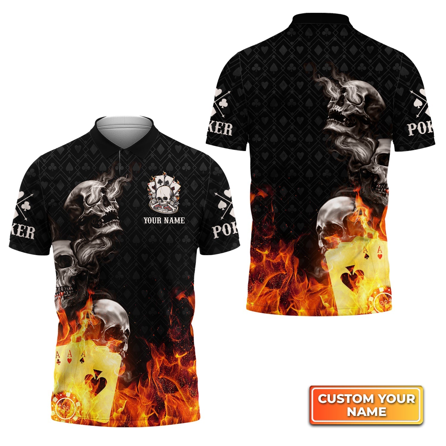 Poker Four Of A Kind Aces Skull On Fire Personalized Name 3D Polo Shirt Gift For Poker Players
