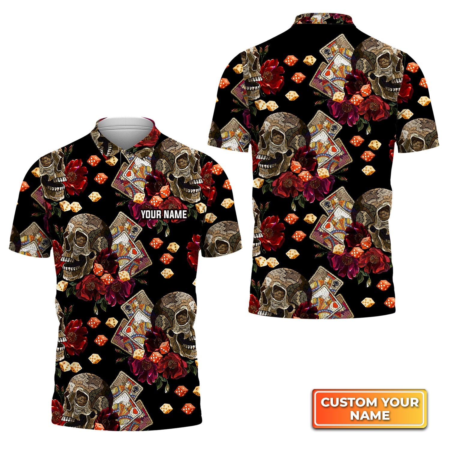 Casino Skull Colorful Personalized Name 3D Polo Shirt Gift For Poker Players