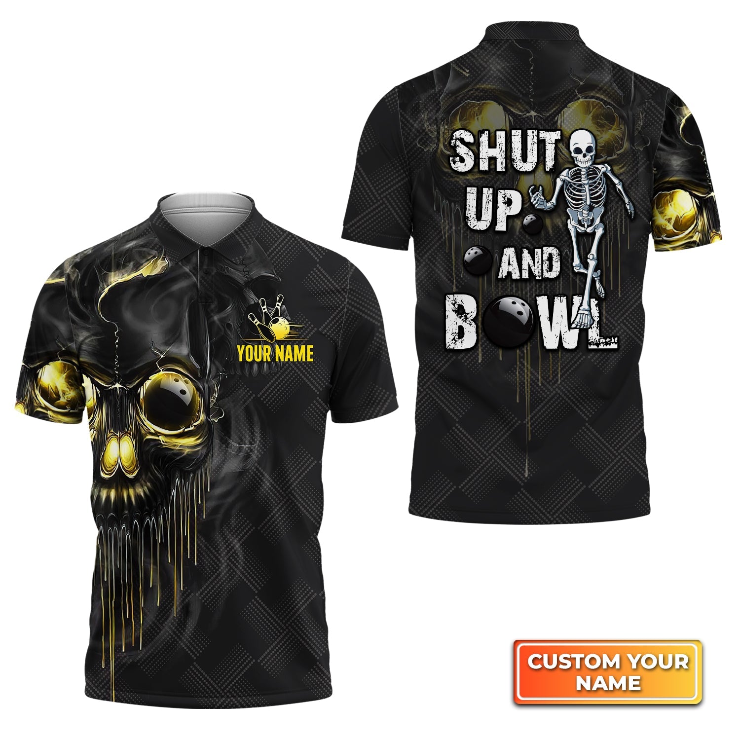 Shut Up And Bowl Golden Skull Personalized Name 3D Polo Shirt Gift For Bowler