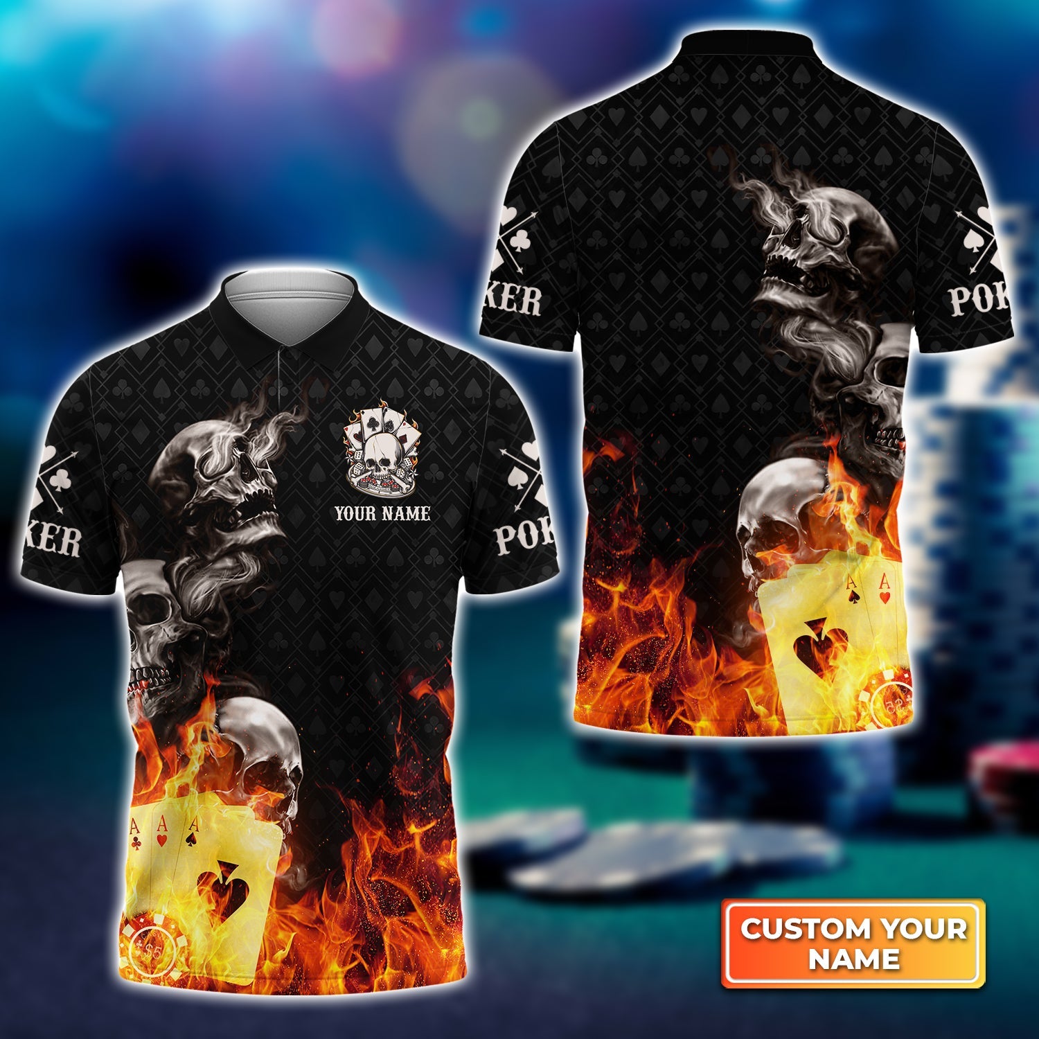 Poker Four Of A Kind Aces Skull On Fire Personalized Name 3D Polo Shirt Gift For Poker Players