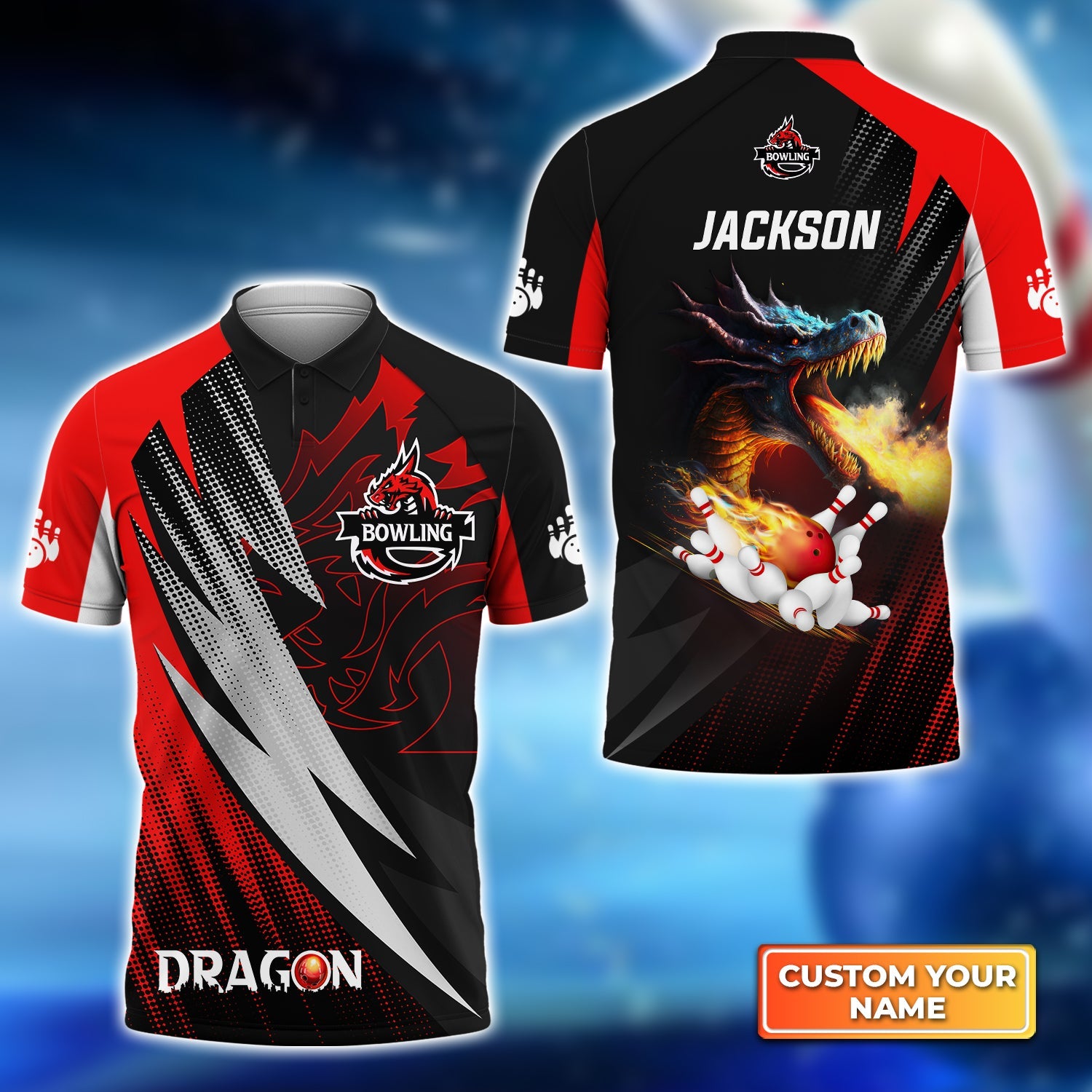 Dragon Team Red Bowling Ball On Fire Personalized Name 3D Polo Shirt