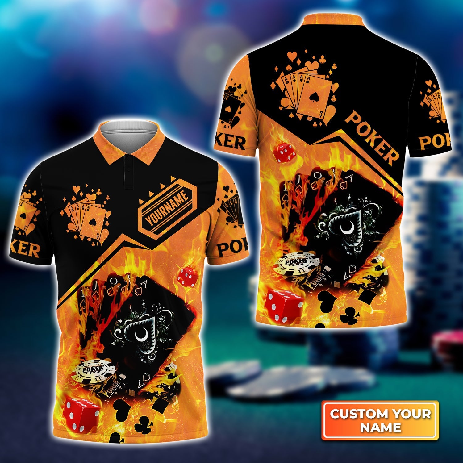Poker Royal Flush On Fire Personalized Name 3D Polo Shirt Gift For Poker Players