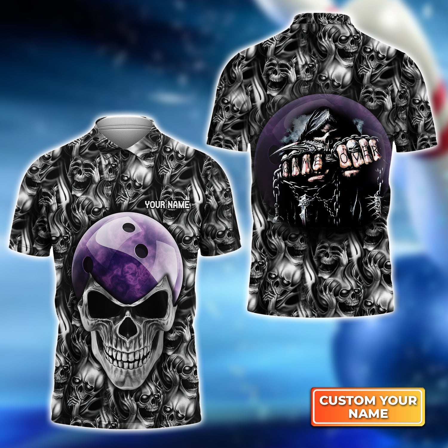 Purple Skull Bowling Ball Personalized Name 3D Polo Shirt/ Skull Bowling Polo Shirt