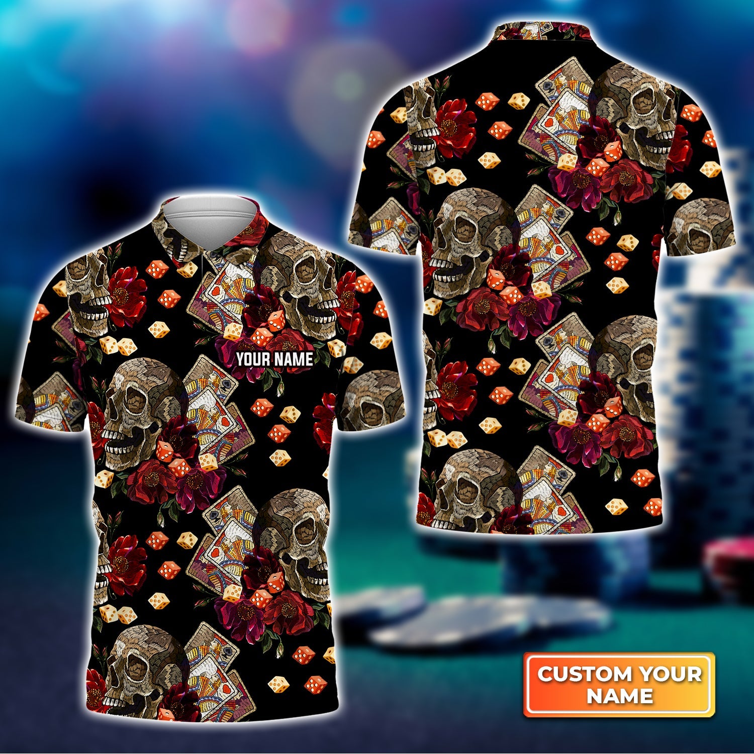 Casino Skull Colorful Personalized Name 3D Polo Shirt Gift For Poker Players