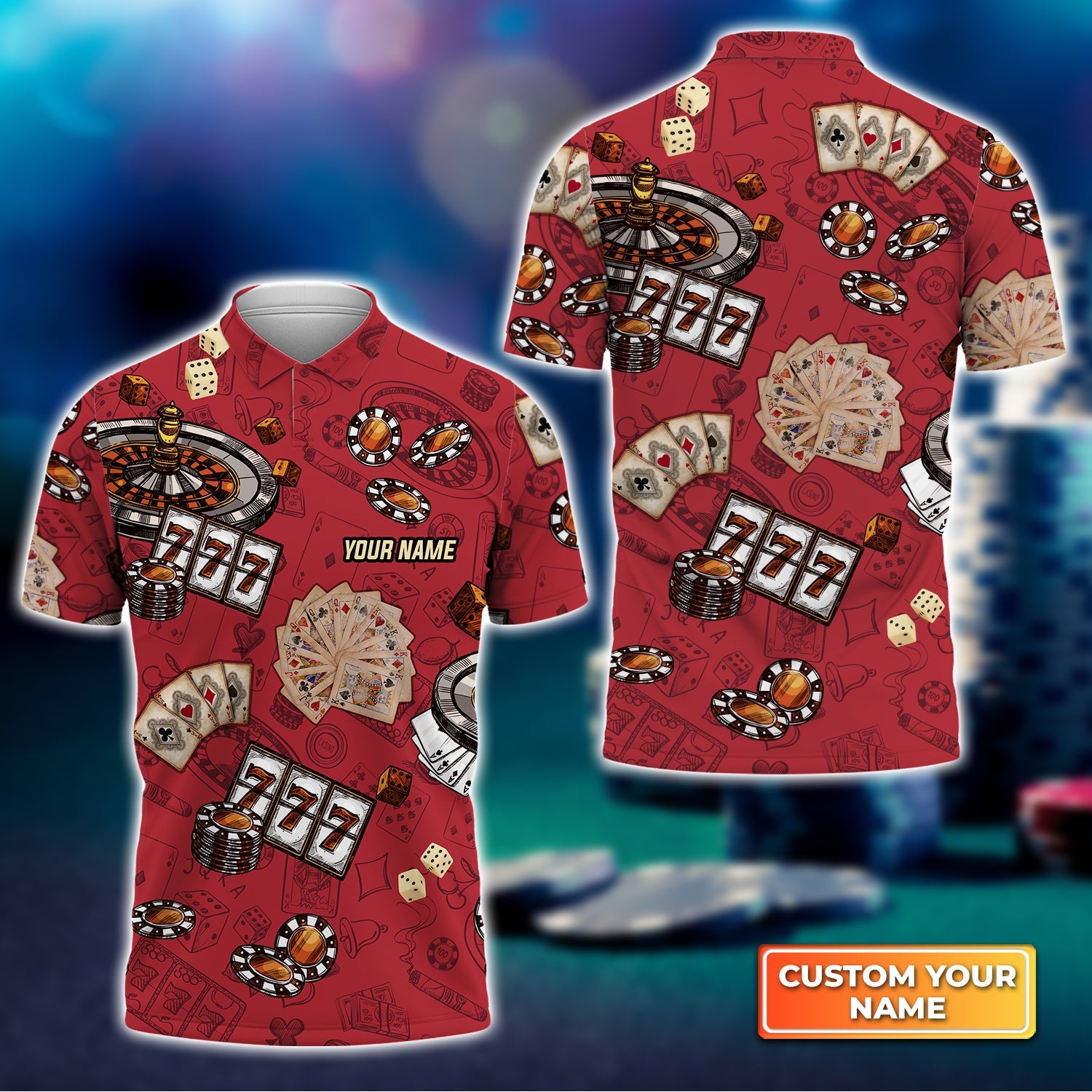 Casino Pattern Red Personalized Name 3D Polo Shirt Gift For Poker Players
