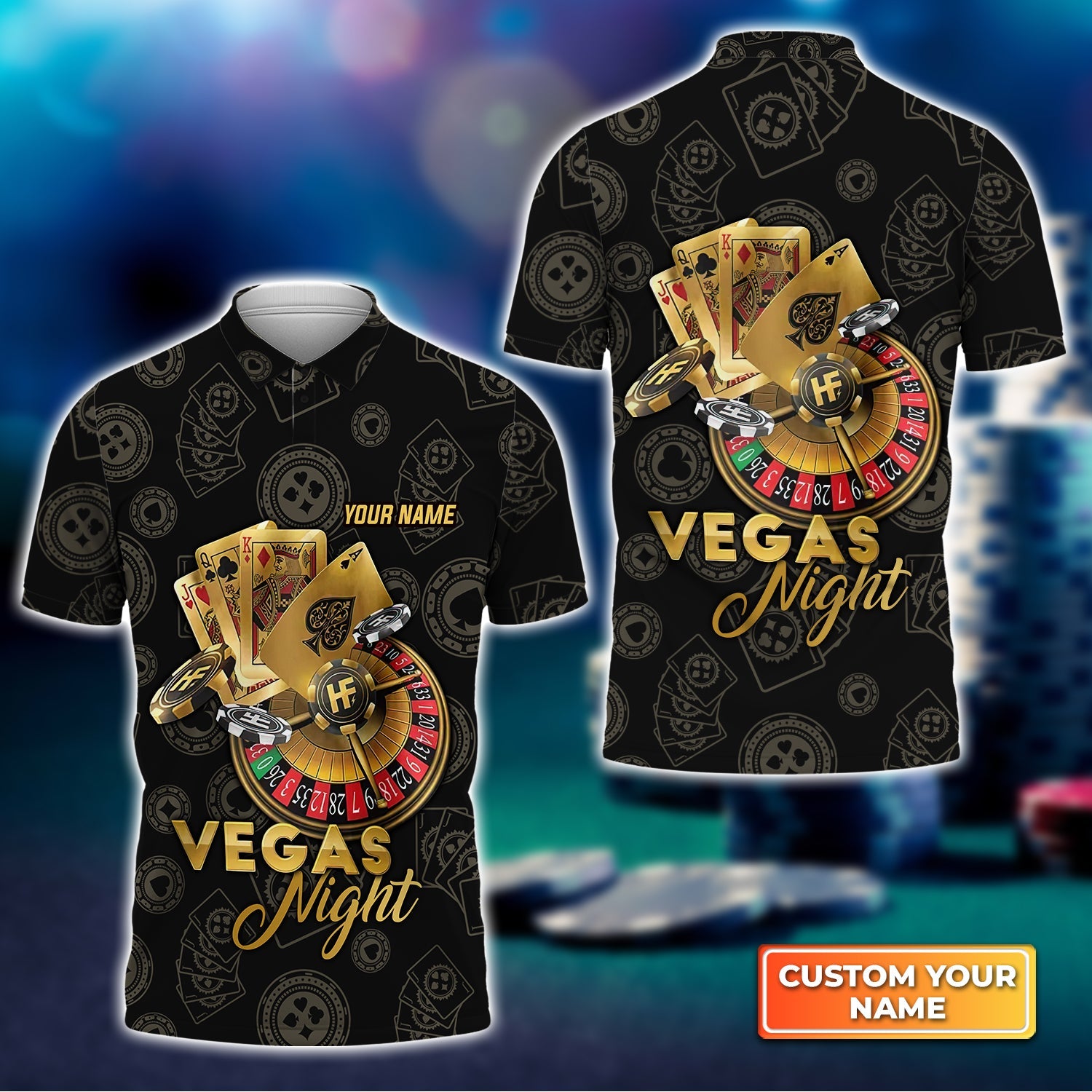 Vegas Night In Casino Personalized Name 3D Polo Shirt Gift For Poker Players
