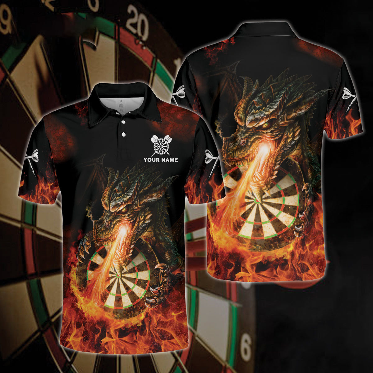 Personalized Name Dragon Fire Darts All Over Printed Unisex Shirt/ Uniform for Dart Team/ Dart Player