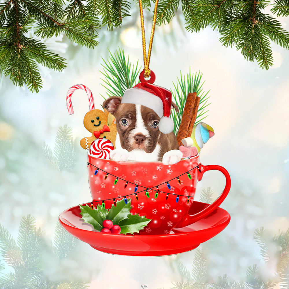 RED Boston Terrier In Cup Merry Christmas Ornament Flat Acrylic Dog Ornament