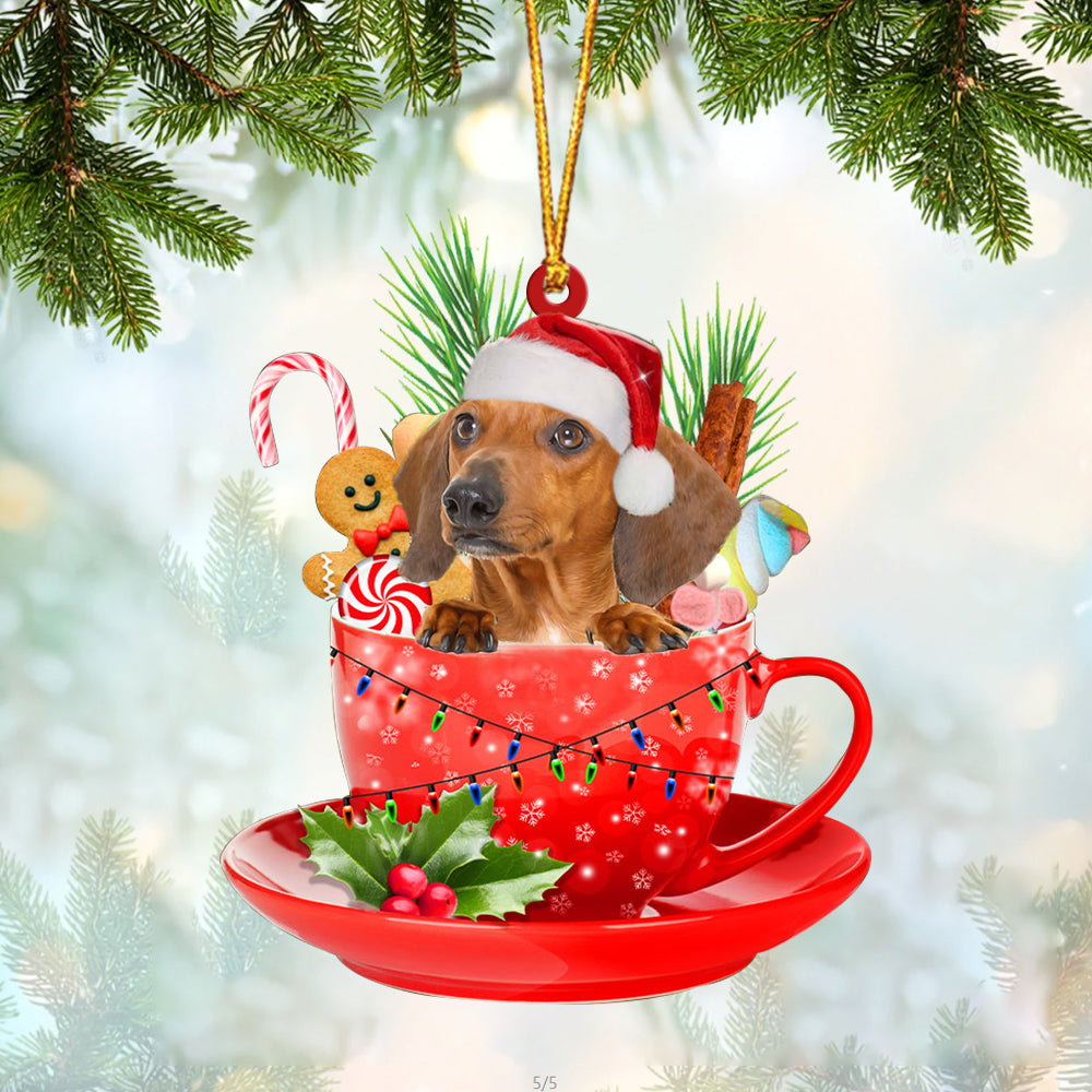 RED Dachshund In Cup Merry Christmas Ornament Flat Acrylic Dog Ornament