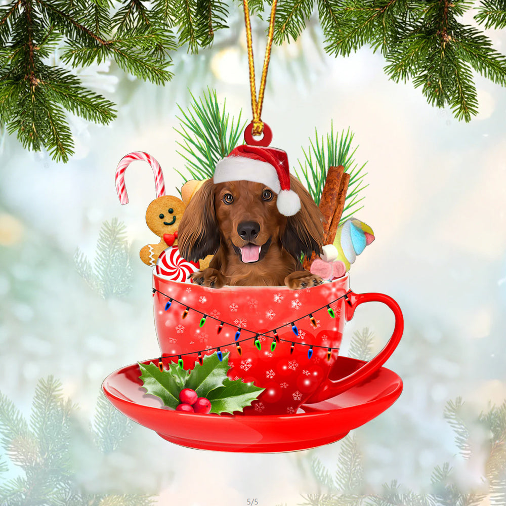 RED LONG HAIRED Dachshund In Cup Merry Christmas Ornament Flat Acrylic Dog Ornament