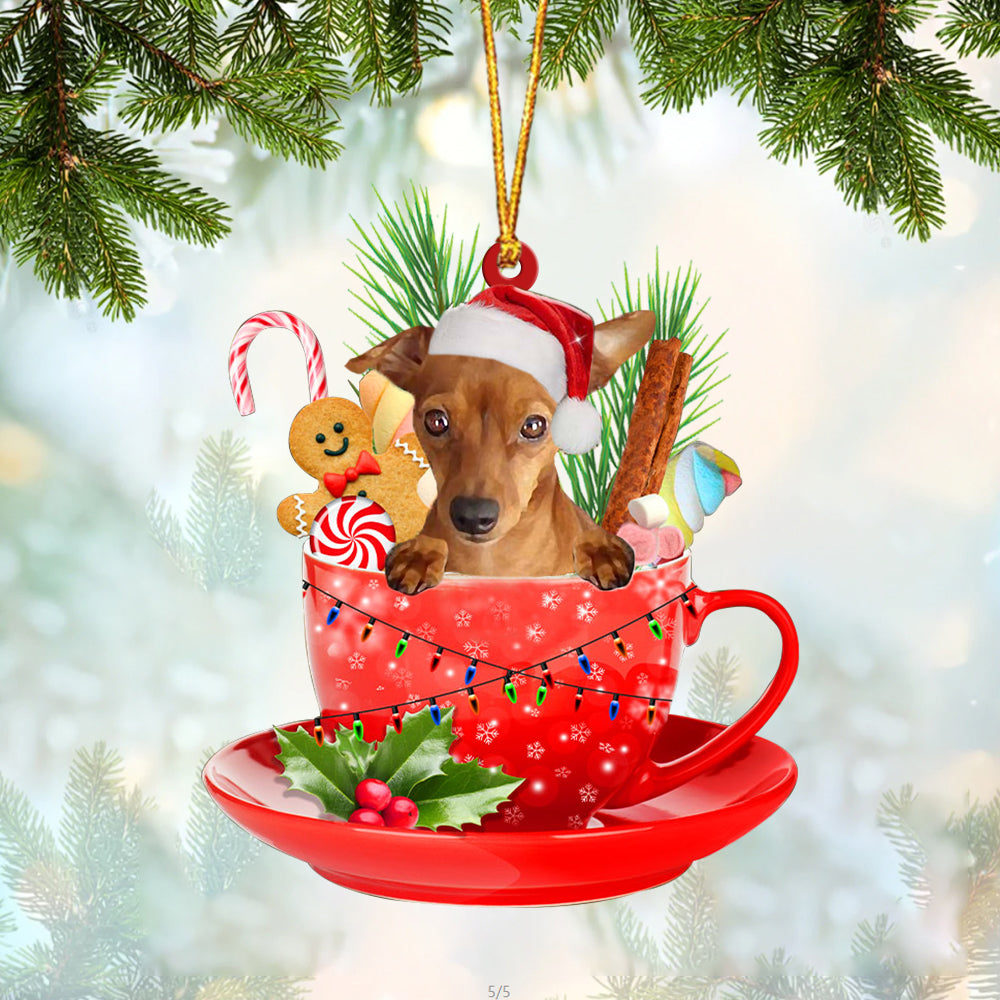 RED Miniature Pinscher In Cup Merry Christmas Ornament Flat Acrylic Dog Ornament
