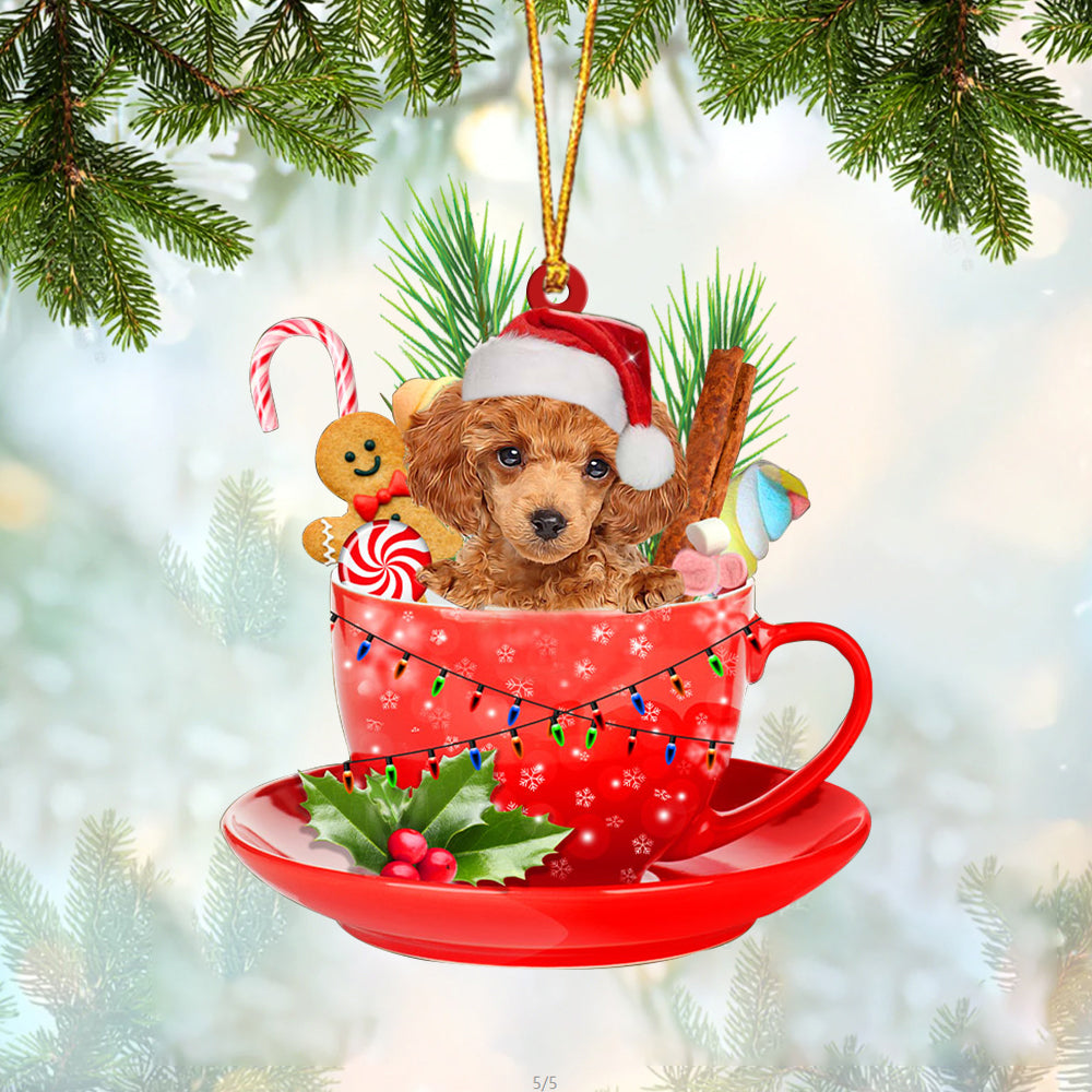 RED Toy Poodle In Cup Merry Christmas Ornament Flat Acrylic Dog Ornament