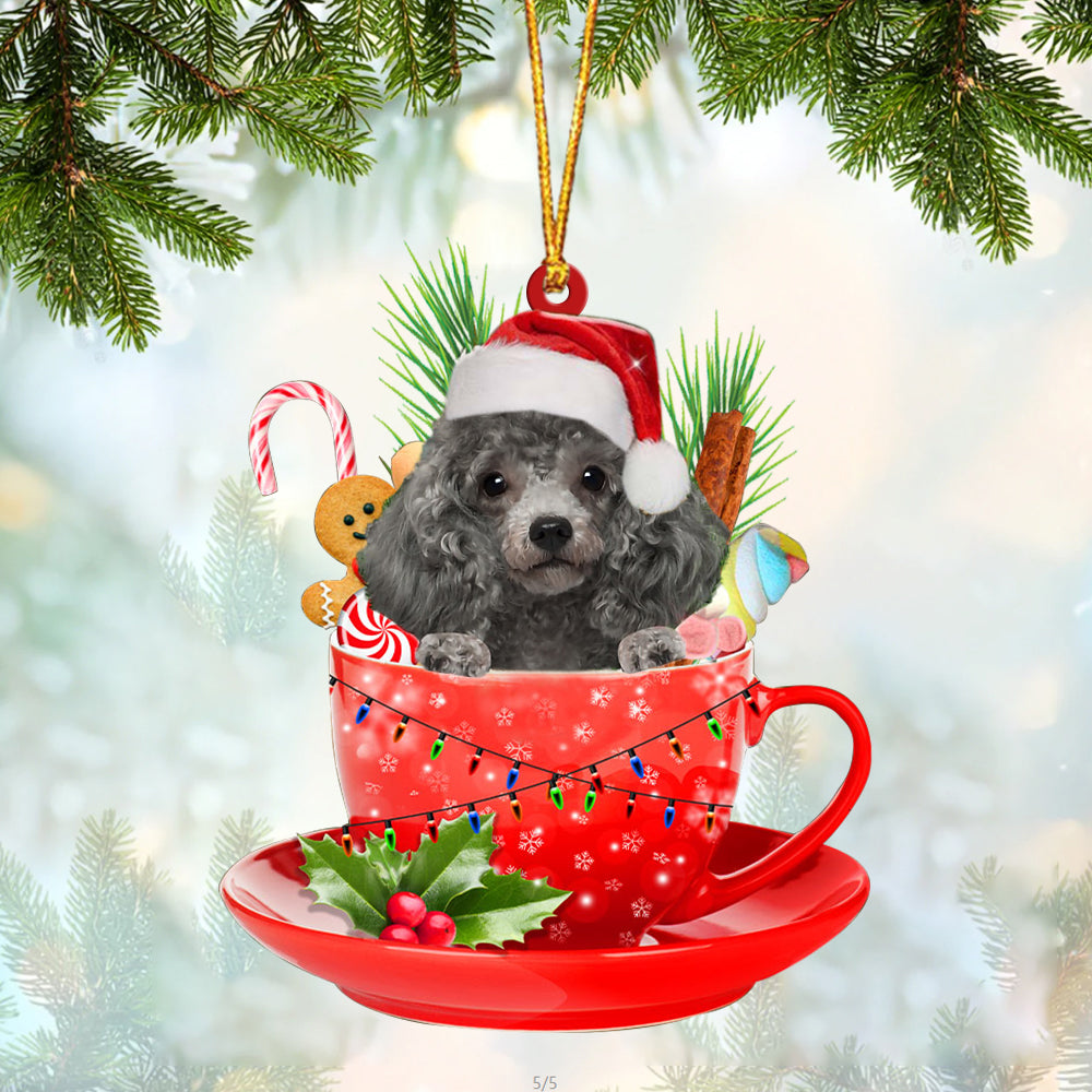 SILVER Miniature Poodle In Cup Merry Christmas Ornament Flat Acrylic Dog Ornament
