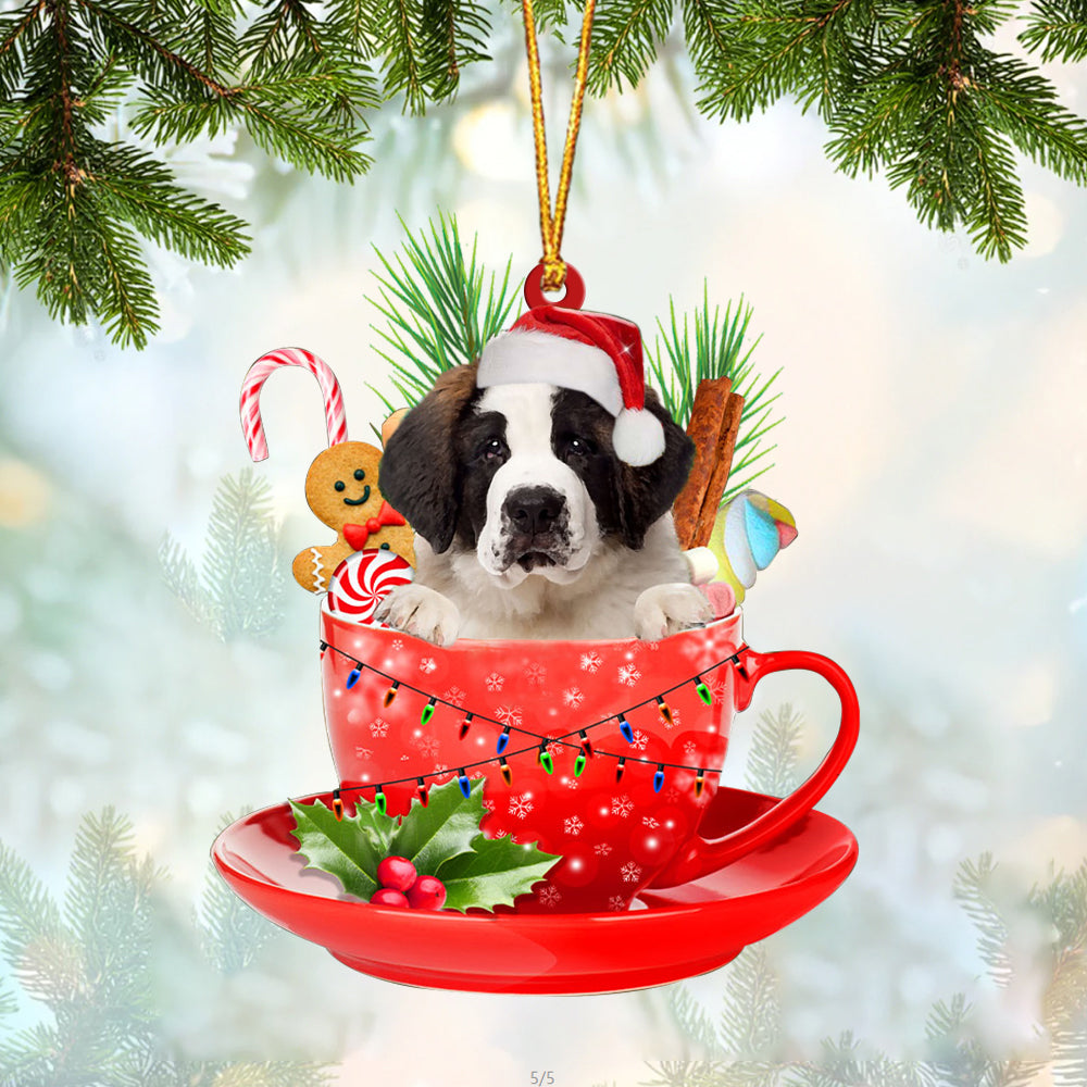Saint Bernard In Cup Merry Christmas Ornament Flat Acrylic Dog Ornament