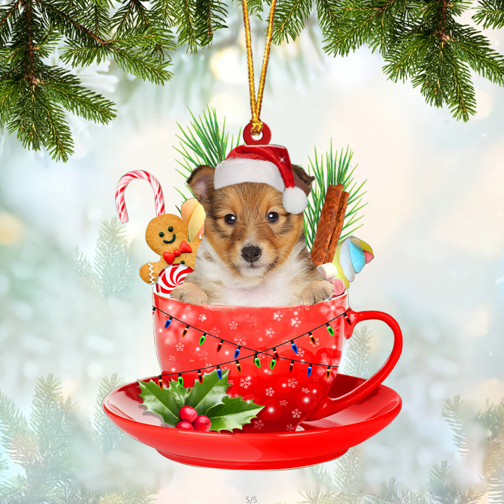Shetland Sheepdog In Cup Merry Christmas Ornament Flat Acrylic Dog Ornament