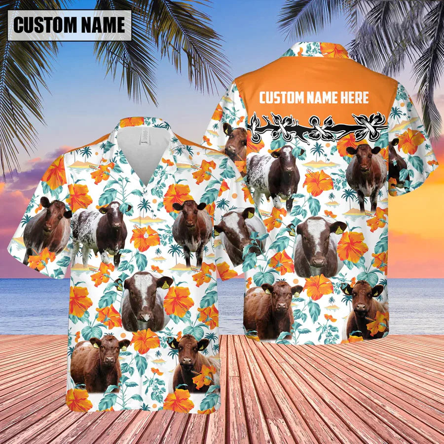Shorthorn Hibiscus Floral Custom Name 3D Hawaiian Shirt/ Summer Gifts For Men And Women