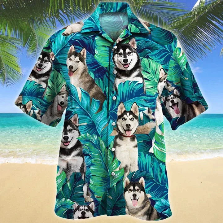 Siberian Husky Dog Lovers Gift Summer Beach Palm Tree Pattern Hawaiian Shirt