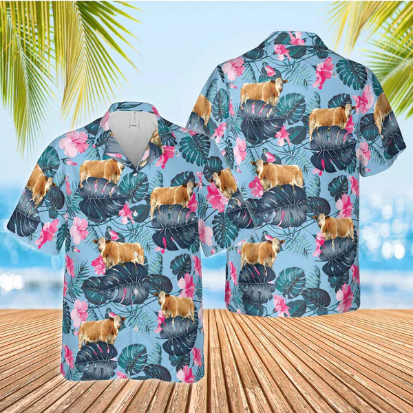 Simmental Blue Hibiscus Hawaiian Shirt/ Farm Cow Hawaiian Shirt For Men And Women