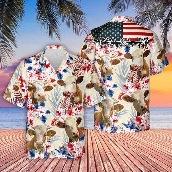 Simmental Pattern US FLAG Hawaiian Shirt/ Farm cow Hawaiian shirt for men and women