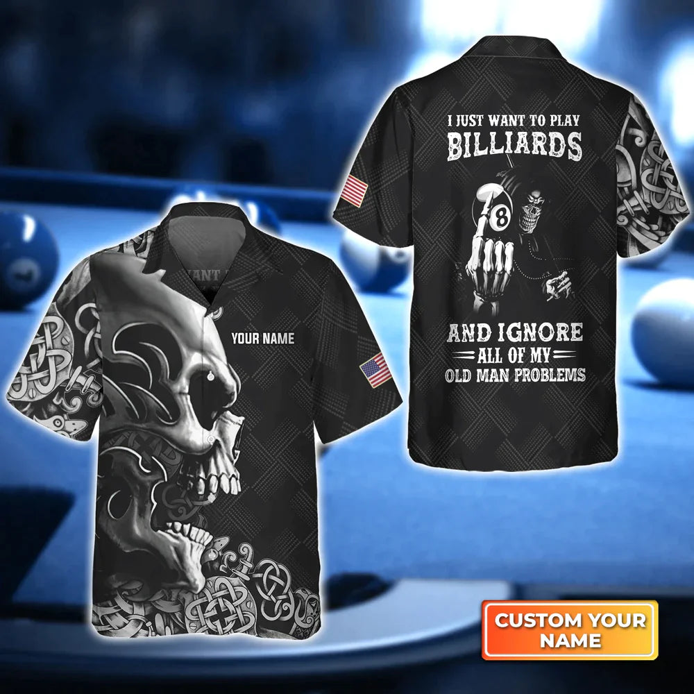 Skull Billiard 8-Ball Pool Player Old Men 3D Hawaiian Shirt/ Billiard team shirt/ Billiard player