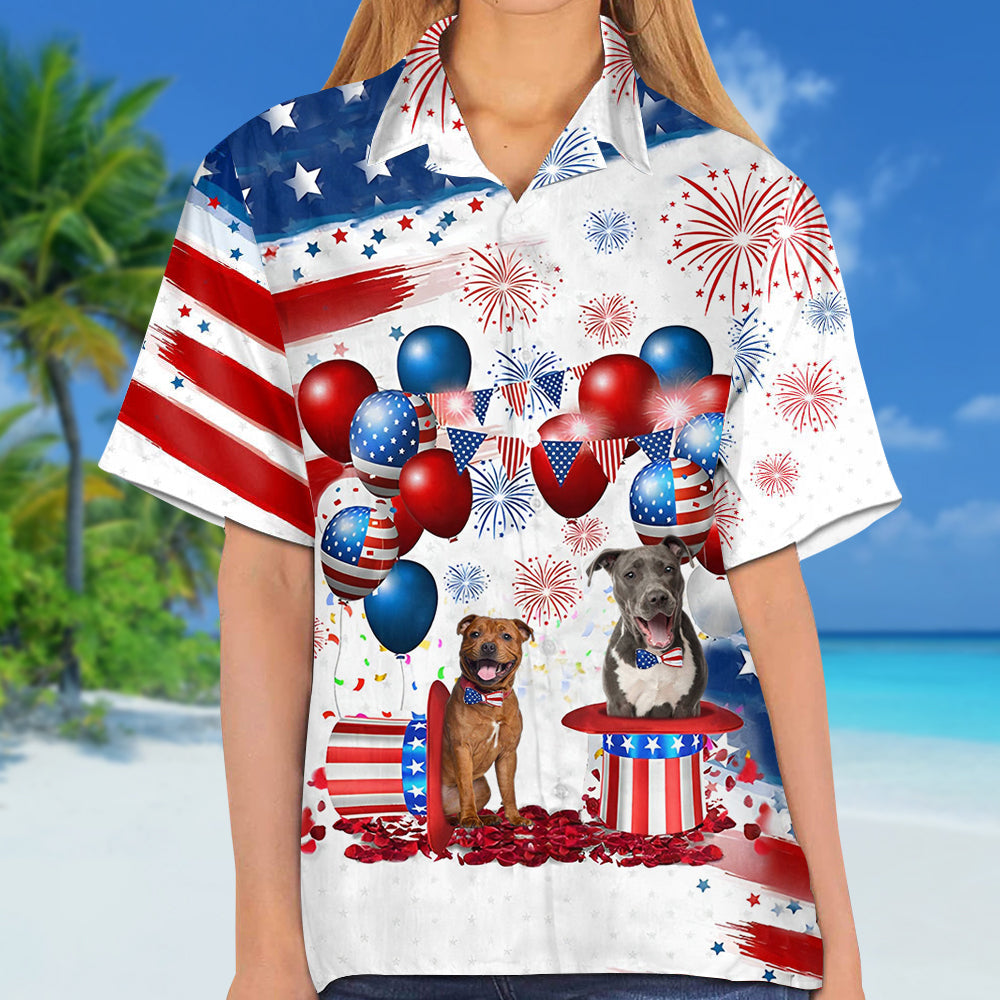 Staffordshire Bull Terrier Independence Day Hawaiian Shirt/ Dog Hawaii Beach Shirt Short Sleeve For 4Th Of July