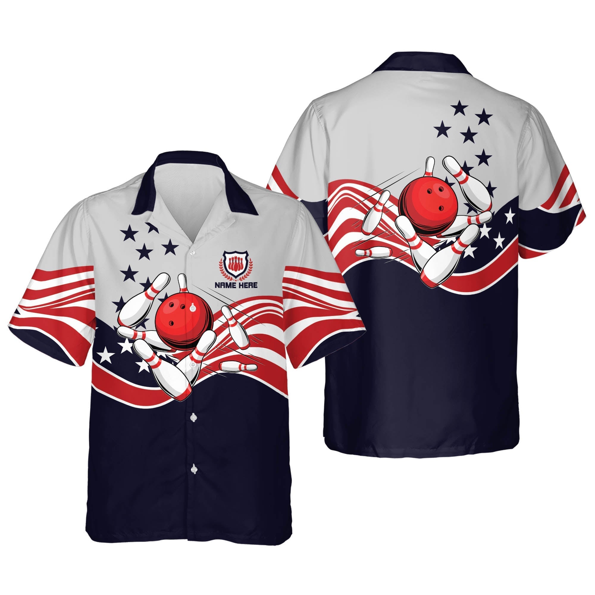 USA Bowling Button-Down Short Sleeve Hawaiian Shirt/ Custom Name Bowling 3D Shirt
