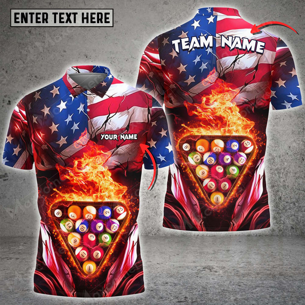 Coolspod Personalized Billiard Ball Flag American Fire Skull Player Polo Shirt/ US Flag Billiard Shirt