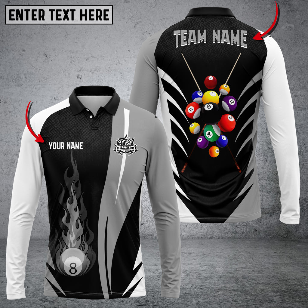Billiards Ball Colourful Personalized 3D Long Sleeve Polo Shirt/ Idea Gift for Billiard Player