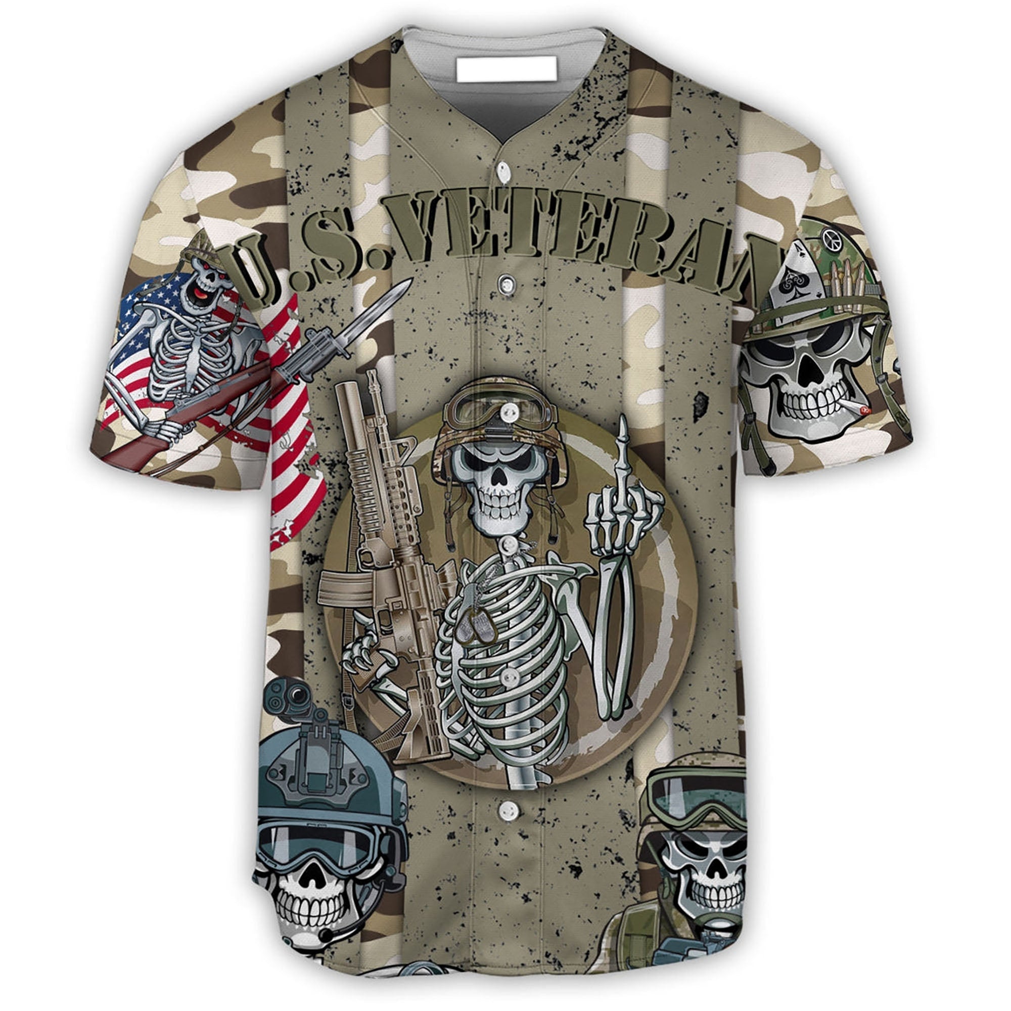 3D All Over Print Veteran US Skull Style Baseball Jersey/ Skull Shirt/ Gift for Men Veteran