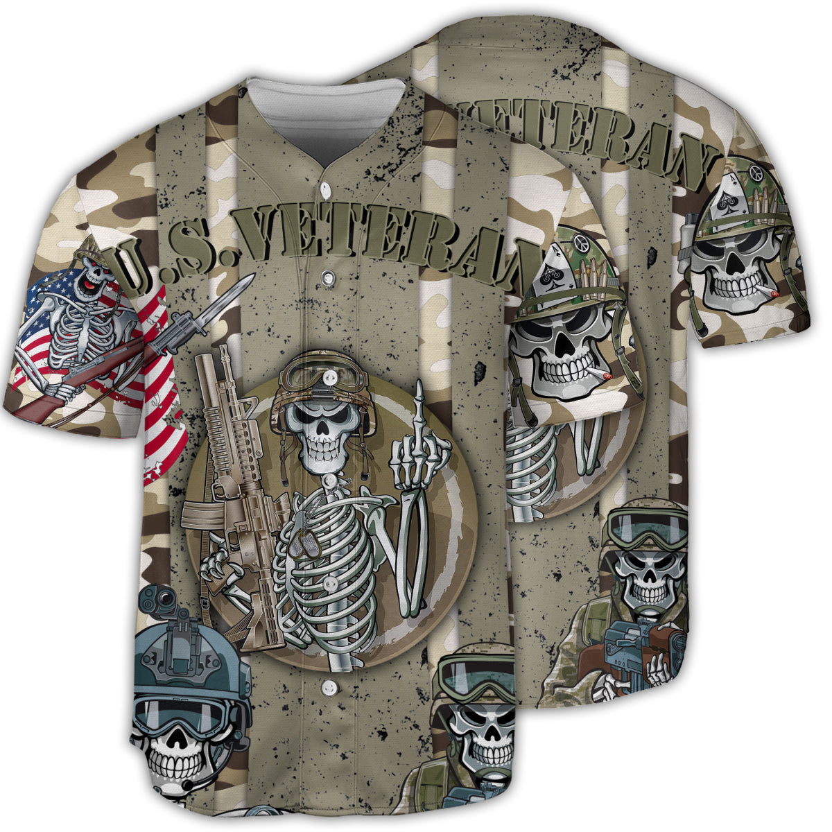 3D All Over Print Veteran US Skull Style Baseball Jersey/ Skull Shirt/ Gift for Men Veteran