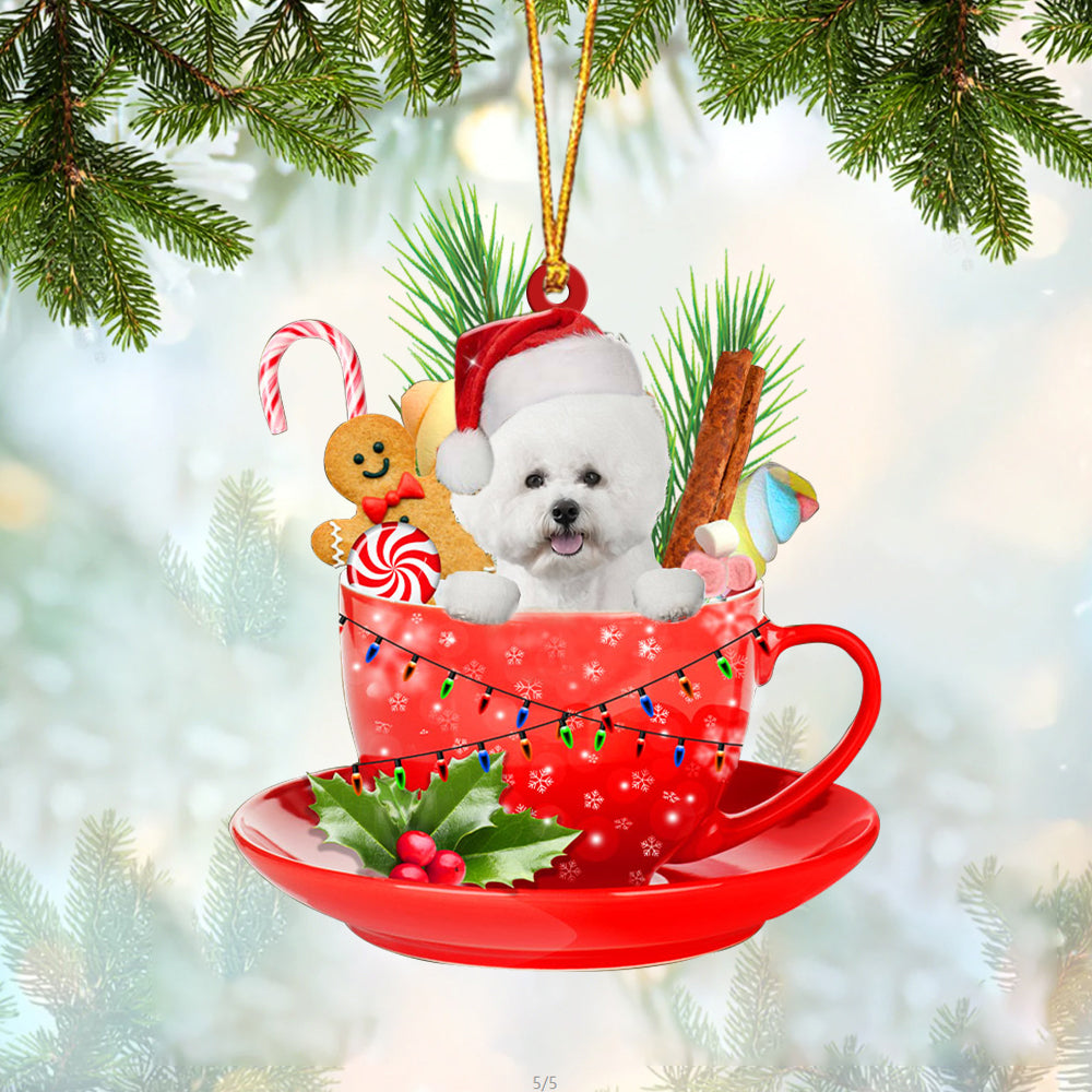 WHITE Bichon Frise In Cup Merry Christmas Ornament Flat Acrylic Dog Ornament