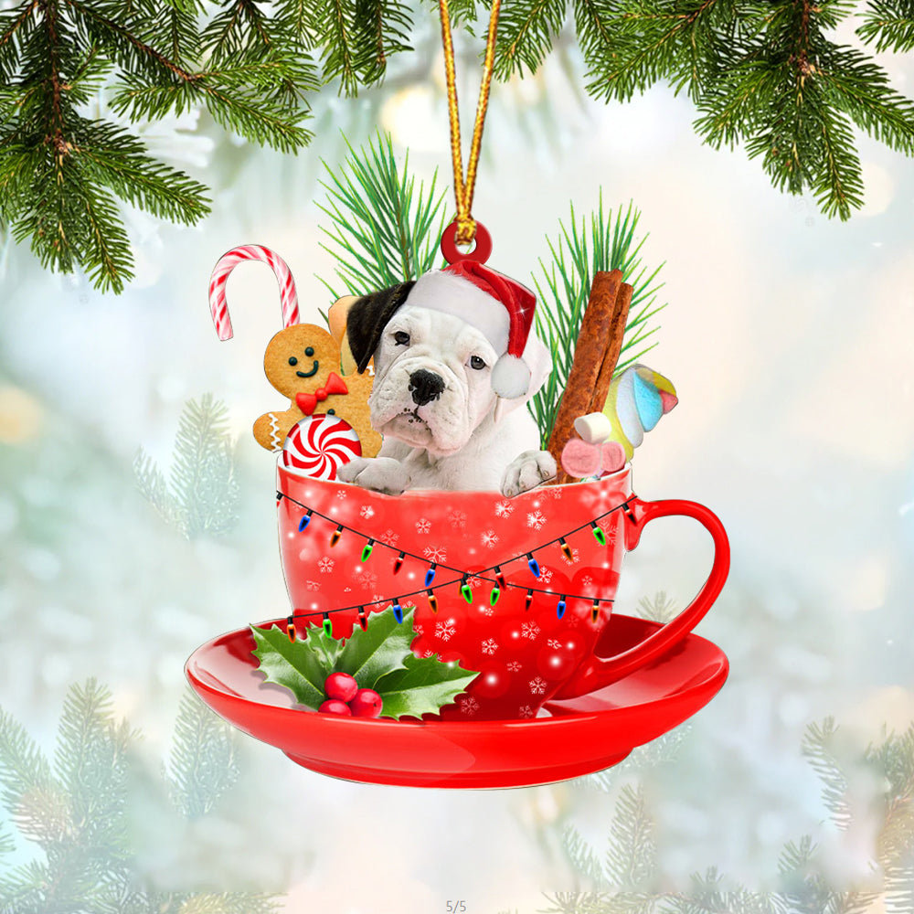 WHITE Boxer In Cup Merry Christmas Ornament Flat Acrylic Dog Ornament