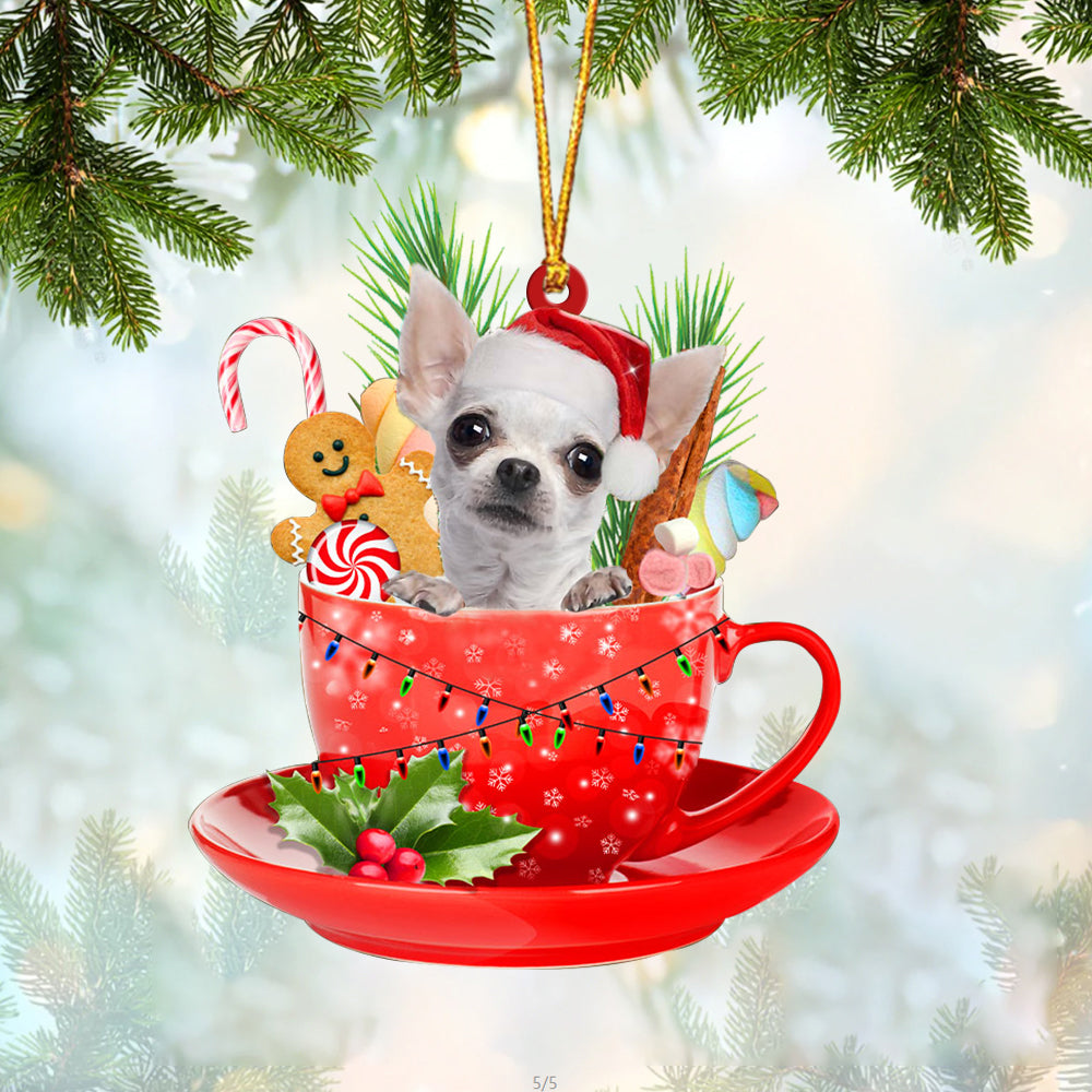 WHITE Chihuahua In Cup Merry Christmas Ornament Flat Acrylic Dog Ornament