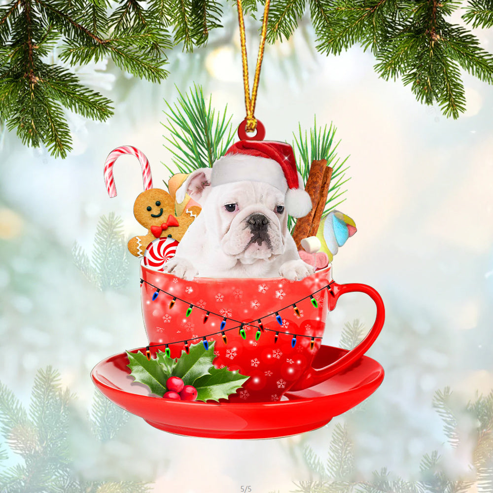 WHITE English Bulldog In Cup Merry Christmas Ornament Flat Acrylic Dog Ornament